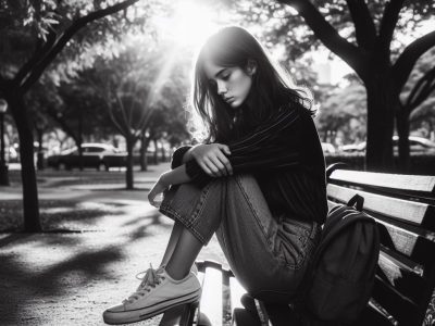 depressed girl sitting in park