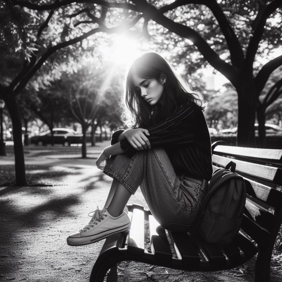 depressed girl sitting in park