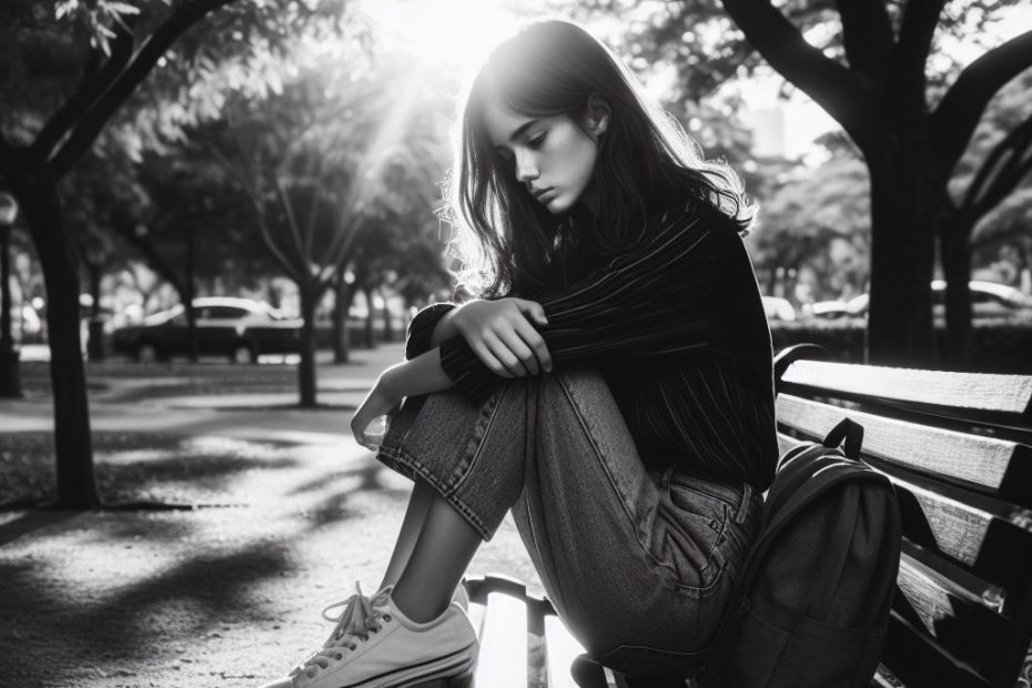 depressed girl sitting in park